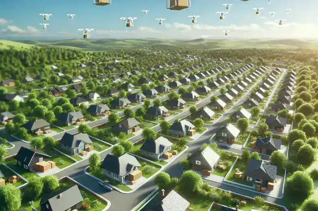 "Amazon drone delivering package in urban setting post FAA approval for nationwide expansion of delivery services"