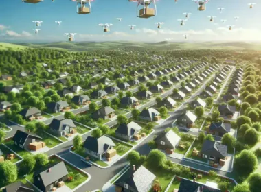 "Amazon drone delivering package in urban setting post FAA approval for nationwide expansion of delivery services"