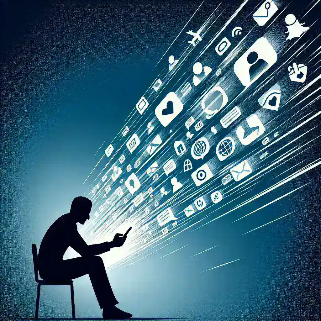 Silhouette of a person sitting on a chair, looking at a smartphone with icons representing social media and communication emerging.