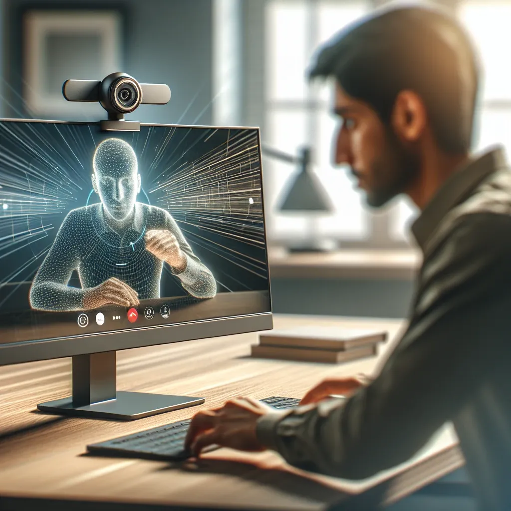 Individual participating in a video call with a digital avatar displayed on the monitor.