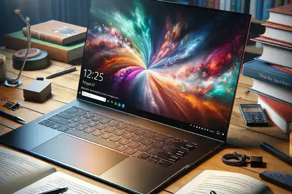 "Close-up view of the Asus ZenBook 14 OLED laptop showcasing its sleek design and vibrant display, ideal for students seeking a portable and high-performance device for studying and productivity."