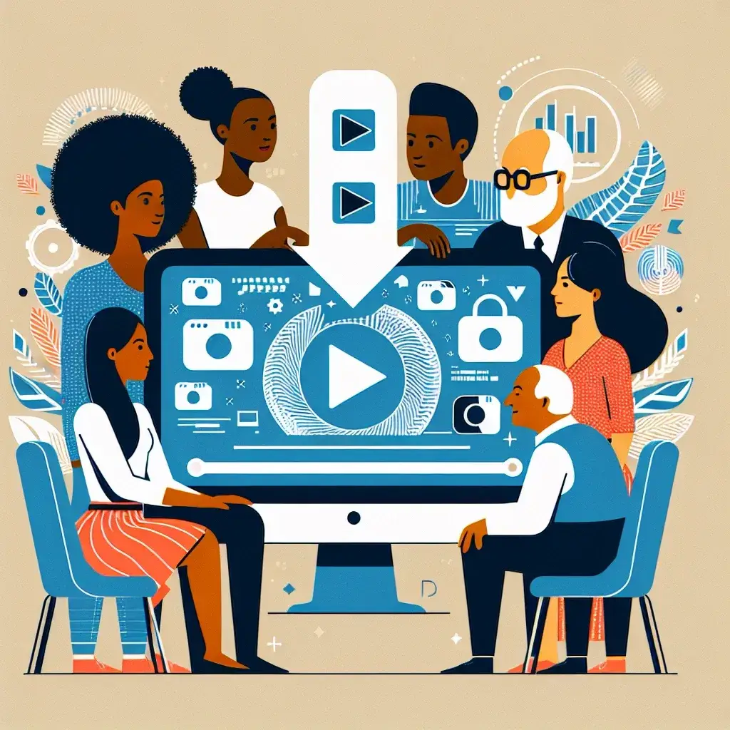 Illustration of a diverse group of people discussing digital media concepts around a large computer screen.