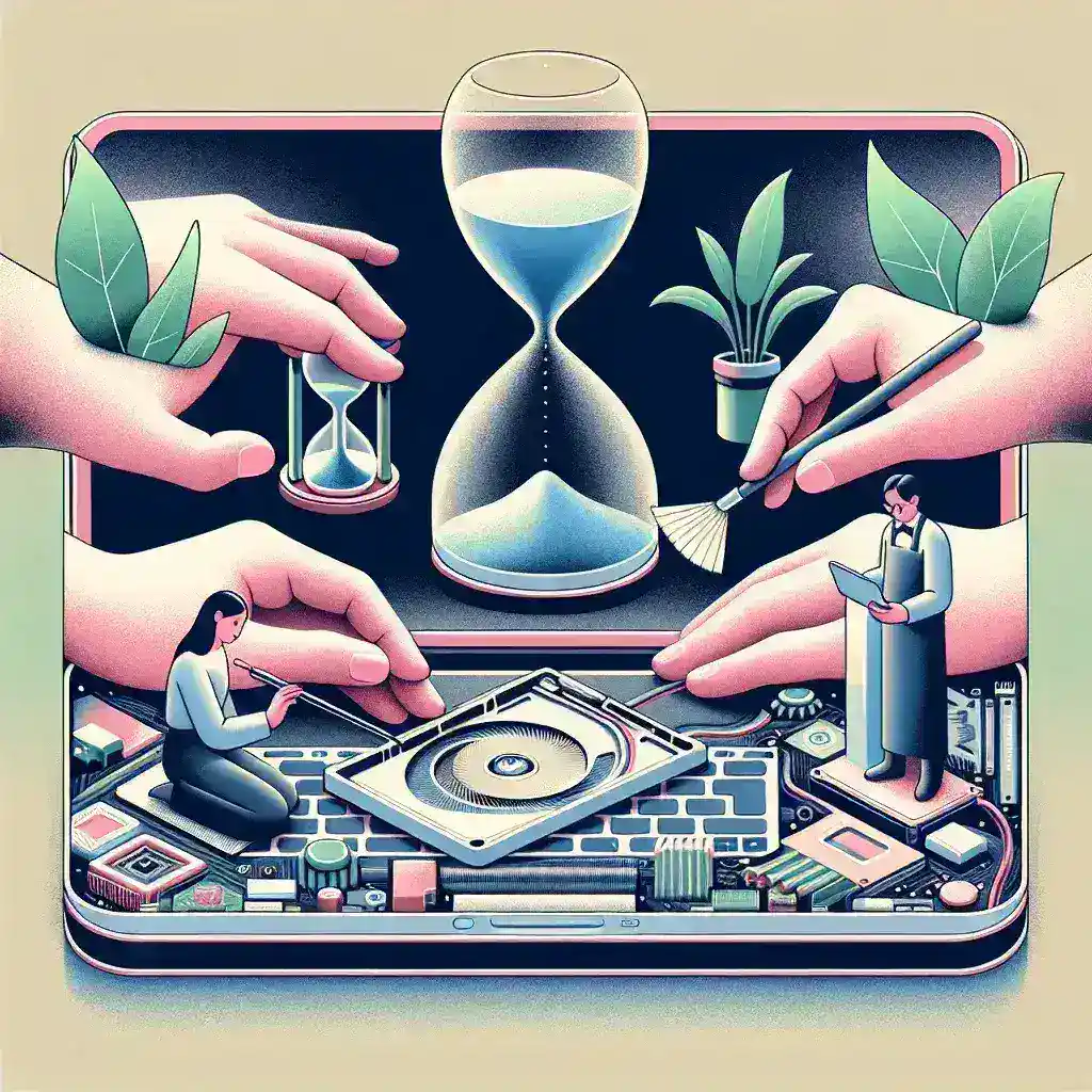 Illustration depicting hands repairing a digital device with hourglasses and plants in the background.