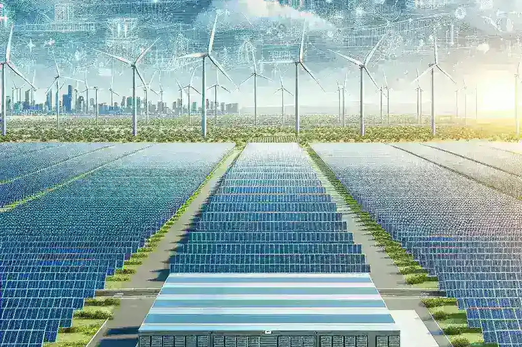 "Texas solar-and-storage hybrid project construction site showcasing solar panels and battery storage units, representing the largest initiative of its kind in the U.S. approved in 2023."