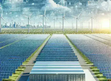 "Texas solar-and-storage hybrid project construction site showcasing solar panels and battery storage units, representing the largest initiative of its kind in the U.S. approved in 2023."