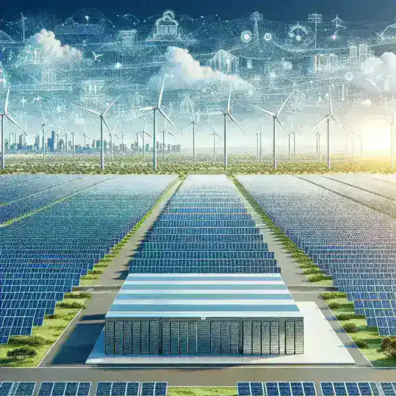 "Texas solar-and-storage hybrid project construction site showcasing solar panels and battery storage units, representing the largest initiative of its kind in the U.S. approved in 2023."