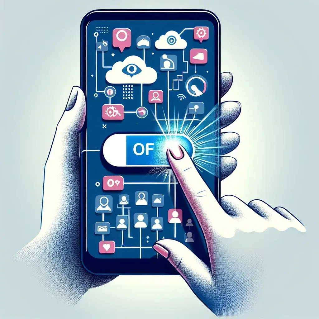 A hand pressing a button on a smartphone displaying various digital icons and cloud elements.