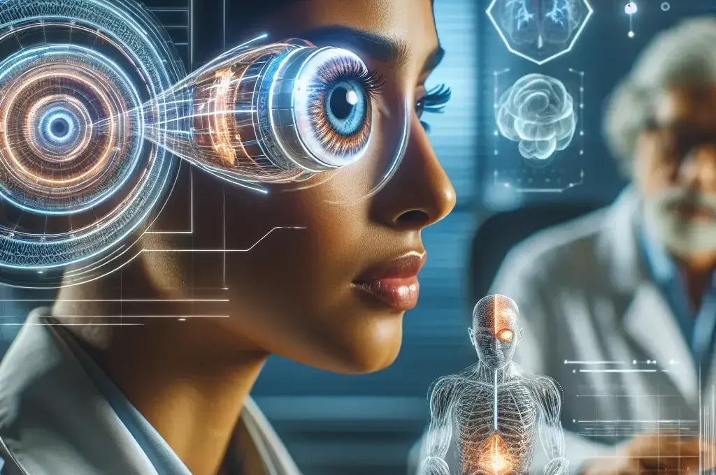 "AI-powered bionic eyes in a clinical trial, showcasing advanced technology designed to restore partial sight in patients, highlighting innovation in vision rehabilitation."