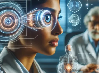 "AI-powered bionic eyes in a clinical trial, showcasing advanced technology designed to restore partial sight in patients, highlighting innovation in vision rehabilitation."