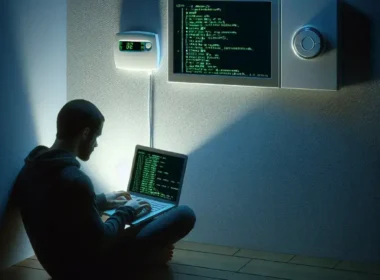 "Close-up of a modern thermostat interface showing settings and security options, illustrating potential vulnerabilities in smart home devices for the article 'Can I Hack Into My Thermostat to Identify Security Flaws?'"