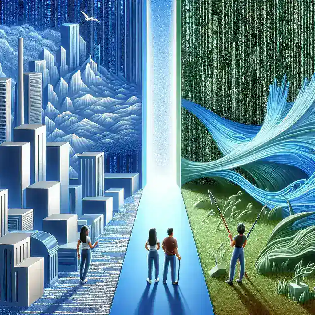 Illustration depicting two contrasting landscapes: a cityscape and a natural environment with flowing elements.