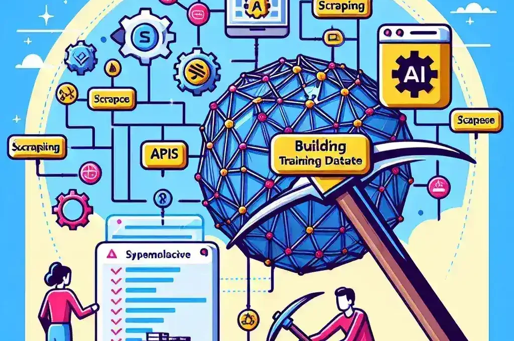 "Illustration of a computer screen displaying data extraction through scraping APIs, symbolizing the process of building AI training datasets for enhanced machine learning capabilities in the article 'Using Scraping APIs to Build AI Training Datasets: A Comprehensive Guide.'"