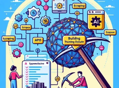 "Illustration of a computer screen displaying data extraction through scraping APIs, symbolizing the process of building AI training datasets for enhanced machine learning capabilities in the article 'Using Scraping APIs to Build AI Training Datasets: A Comprehensive Guide.'"