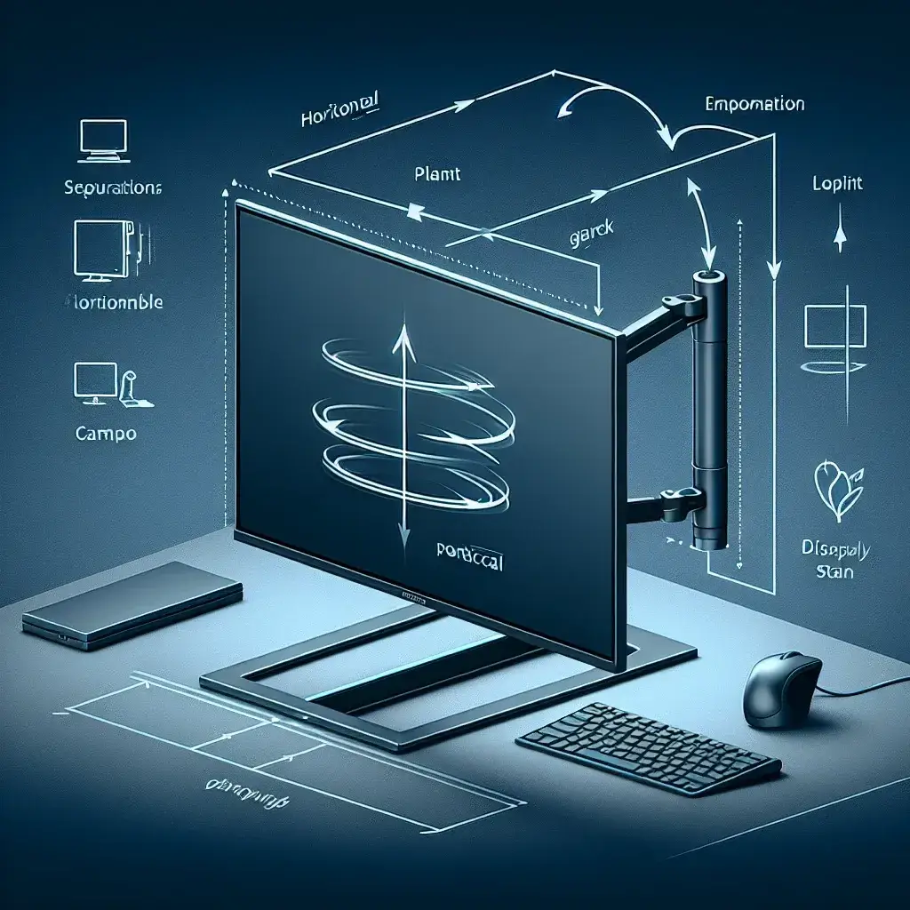 A computer monitor with an adjustable stand and technical diagrams illustrating its features.