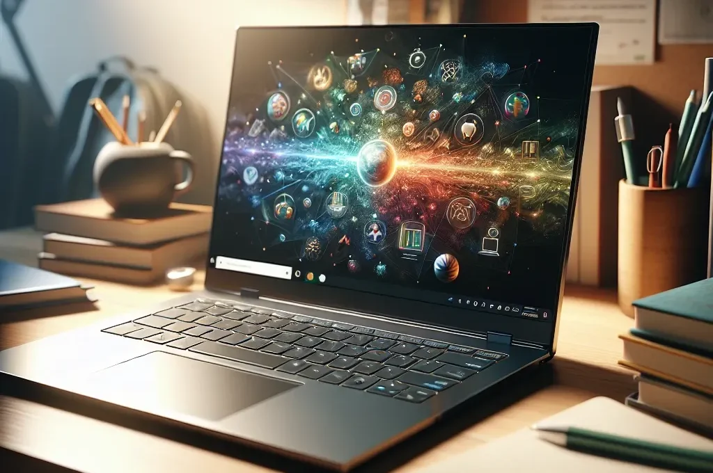 "ASUS ZenBook 14 OLED laptop displayed on a desk, showcasing its sleek design and beautiful OLED screen, ideal for students seeking powerful performance and portability."