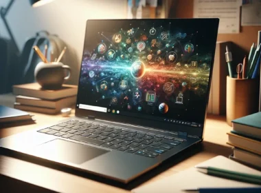 "ASUS ZenBook 14 OLED laptop displayed on a desk, showcasing its sleek design and beautiful OLED screen, ideal for students seeking powerful performance and portability."